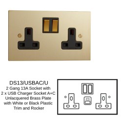 2 Gang 13A Socket with 2 x USB Charger Socket A+C Unlacquered Brass Plate with White or Black Plastic Trim and Rocker