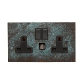 2 Gang 13A Socket with 2 x USB Charger Socket A+C Verdigris Plate with a Black Plastic Trim and Rocker