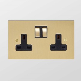 2 Gang 13A Switched Socket with Metal Rocker in Brushed Brass with Black Insert by Forbes and Lomax