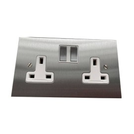 2 Gang 13A Switched Socket in Stainless Steel Plate and Rocker with a White or Black Plastic Insert