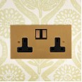 2 Gang 13A Switched Socket in Unlacquered Brass Plate and Rocker with White or Black Plastic Insert