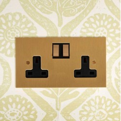 2 Gang 13A Switched Socket in Unlacquered Brass Plate and Rocker with White or Black Plastic Insert