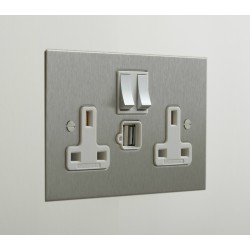 2 Gang 13A Socket with 2 x USB Charger Socket Stainless Steel Plate and Rocker with White Plastic Insert