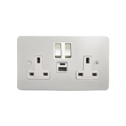 2 Gang 13A Socket with 2 x USB Charger Socket A+C Painted Plate with Metal Rocker and Plastic Trim