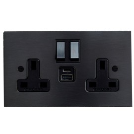 2 Gang 13A Socket with 2 x USB Charger Socket A+C Antique Bronze Plate and Rocker with Black Trim