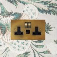 2 Gang 13A Socket with 2 x USB Charger Socket A+C Aged Brass Plate and Rocker with White Trim