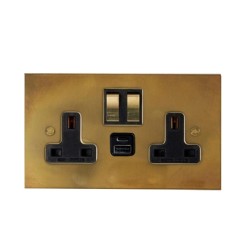 2 Gang 13A Socket with 2 x USB Charger Socket A+C Aged Brass Plate and Rocker with White Trim