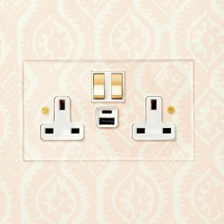2 Gang 13A Socket with 2 x USB Charger Socket A+C Invisible Plate with Polished Brass Metal Rocker and White Trim