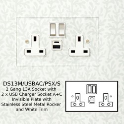 2 Gang 13A Socket with 2 x USB Charger Socket A+C Invisible Plate with Stainless Steel Metal Rocker and White Trim