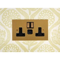 2 Gang 13A Socket with 2 x USB Charger Socket A+C Brushed Brass Plate and Rocker with Black Trim