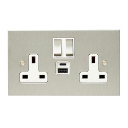 2 Gang 13A Socket with 2 x USB Charger Socket A+C Stainless Steel Plate and Rocker with White Trim