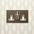2 Gang 13A Socket with 2 x USB Charger Socket A+C Stainless Steel Plate and Rocker with White Trim