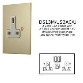 2 Gang 13A Socket with 2 x USB Charger Socket A+C Unlacquered Brass Plate and Rocker with White Trim