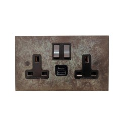 2 Gang 13A Socket with 2 x USB Charger Socket A+C Verdigris Plate and Rocker with Black Trim