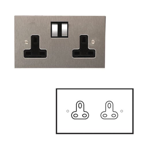 2 Gang 2A Unswitched Double Socket in Stainless Steel Plate and a White or Black Plastic Insert