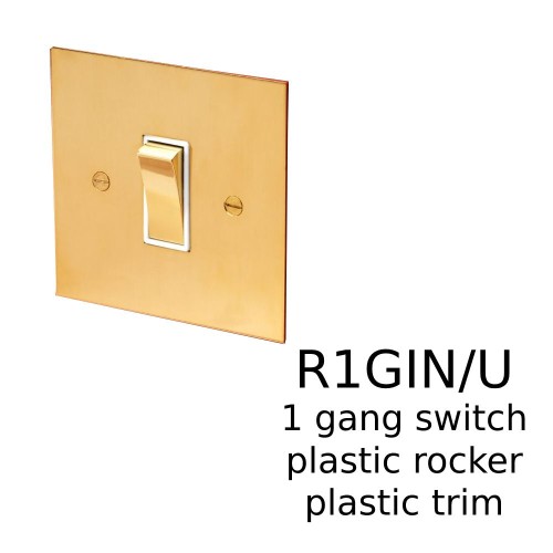 1 Gang Intermediate 20A Rocker Switch in Unlacquered Brass Plate with Plastic Rocker and Trim