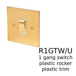 1 Gang 2 Way 20AX Rocker Switch in Unlacquered Brass Plate with Plastic Rocker and Trim