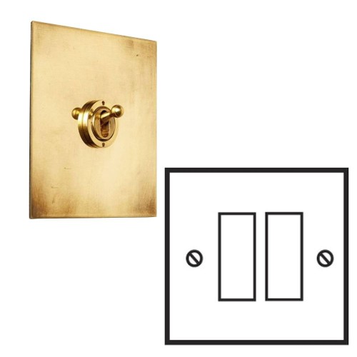 2 Gang Intermediate 20AX Rocker Switch in Aged Brass Plate with White Rocker and Trim by Forbes and Lomax