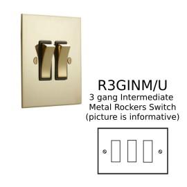 3 Gang 20AX Intermediate Rocker Switch in Unlacquered Brass Plate and Rocker with Plastic Trim