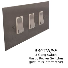 3 Gang 2 Way 20AX Rocker Switch in Stainless Steel Plate with Plastic Rocker and Trim