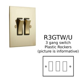 3 Gang 2 Way 20AX Rocker Switch in Unlacquered Brass with Plastic Rocker and Trim