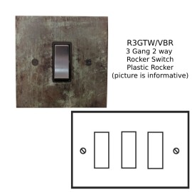 3 Gang 20AX 2 Way Rocker Switch in Verdigris Plate with Black Rocker and Trim