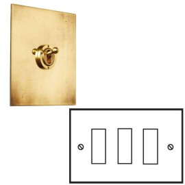 3 Gang 20A 2 Way Rocker Switch in Aged Brass Plate and Rocker with White Trim by Forbes and Lomax