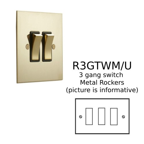 3 Gang 2 Way 20A Rocker Switch in Unlacquered Brass Plate and Rocker with Plastic Trim