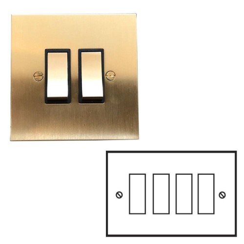 4 Gang 2 Way 20AX Rocker Switch in Brushed Brass Plate and Rocker with Black Trim by Forbes and Lomax