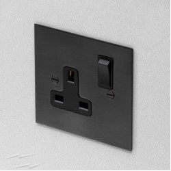 1 Gang 13A Switched Single Socket in Antique Bronze Plate with Black Insert and Rocker