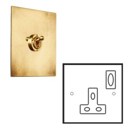 1 Gang 13A Switched Single Socket in Aged Brass Plate with White Insert and Rocker by Forbes and Lomax