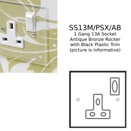1 Gang 13A Switched Socket in Invisible Plate with Antique Bronze Rocker and Black Insert