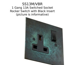 1 Gang 13A Switched Socket in Verdigris Plate and Rocker Switch with Black Insert