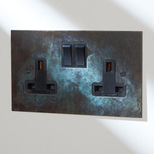 2 Gang 13A Switched Double Socket in Verdigris with Black Rocker from Forbes and Lomax