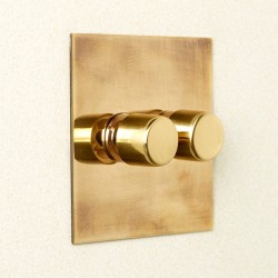 2 Gang 200W Halogen / 2 x 0-120W Trailing Edge Rotary LED Dimmer Aged Brass Plate and Knob by Forbes and Lomax