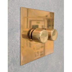 2 Gang 200W Halogen / 2 x 0-120W Trailing Edge Rotary LED Dimmer Unlacquered Brass Plate and Knob
