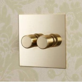2 Gang Dimmer Flat Plate in Unlacquered Brass - Grid, Plate and Knobs only, Forbes and Lomax