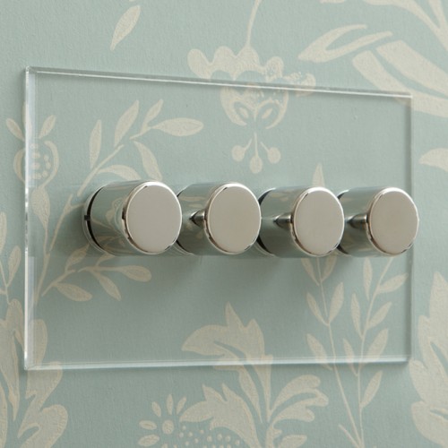 4 Gang LED Dimmer Invisible Plate Nickel Knobs: 4 Gang 200W Halogen / 4 x 0-120W Trailing Edge Rotary LED Dimmer