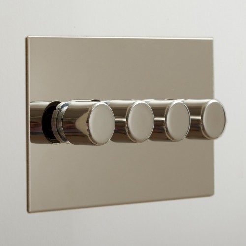 4 Gang LED Dimmer Nickel Silver Plate and Knobs: 4 Gang 200W Halogen / 4 x 0-120W Trailing Edge Rotary LED Dimmer