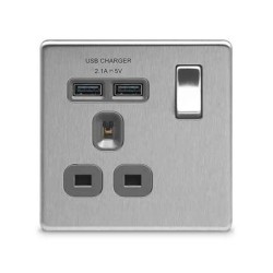 Screwless 1 Gang 13A Switched Socket + 2 x USB type A (2.1A) Charger Brushed Steel Grey Trim Flat Plate BG Nexus FBS21U2G