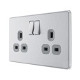 Screwless 2 Gang 13A Switched Double Socket Brushed Steel Grey Trim Flat Plate BG Nexus FBS22G-01