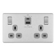 13A DP Switched Socket with USB A+C 45W in Brushed Steel with Grey Insert Flat Plate Screwless BG FBS22UAC45G