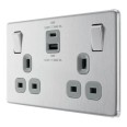 13A DP Switched Socket with USB A+C 45W in Brushed Steel with Grey Insert Flat Plate Screwless BG FBS22UAC45G