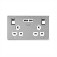 2 Gang Switched Socket with 2 x USB-A Charger 3.1A in Screwless Flat Plate Brushed Steel and White Plastic Trim, BG Nexus FBS22U3W