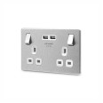 2 Gang Switched Socket with 2 x USB-A Charger 3.1A in Screwless Flat Plate Brushed Steel and White Plastic Trim, BG Nexus FBS22U3W