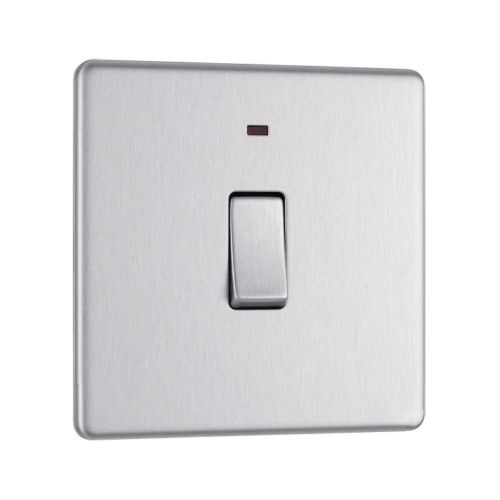 Screwless 1 Gang 20A Double Pole Switch Brushed Steel with Indicator Flat Plate BG Nexus FBS31-01