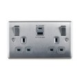 2 Gang 13A Switched Socket with A and C Type USB Charger Brushed Steel Grey Trim Slim Profile BG Nexus NBS22UACG