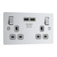 2 Gang 13A Switched Socket with 2x type A USB Charger Sockets 3.1A Brushed Steel Grey Insert Flat Plate with Screws BG Nexus SBS22U3G