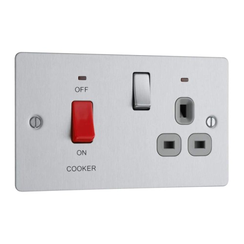 45A Red Rocker Cooker Switch with 13A Switched Socket with Indicators Flat Plate Brushed Steel Grey Insert BG Nexus SBS70G
