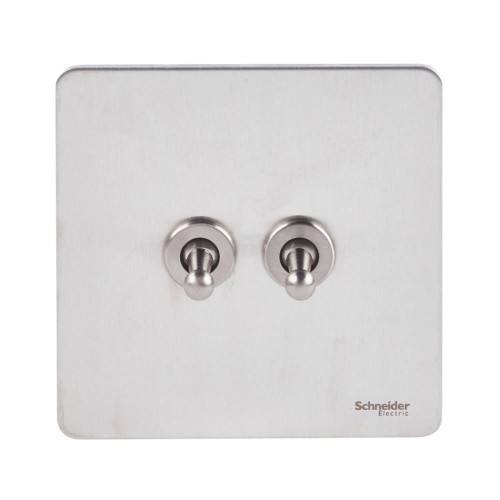 Screwless 2 Gang 2 Way 16AX Toggle Switch in Stainless Steel Flat Plate, Schneider Ultimate GU1422TSS